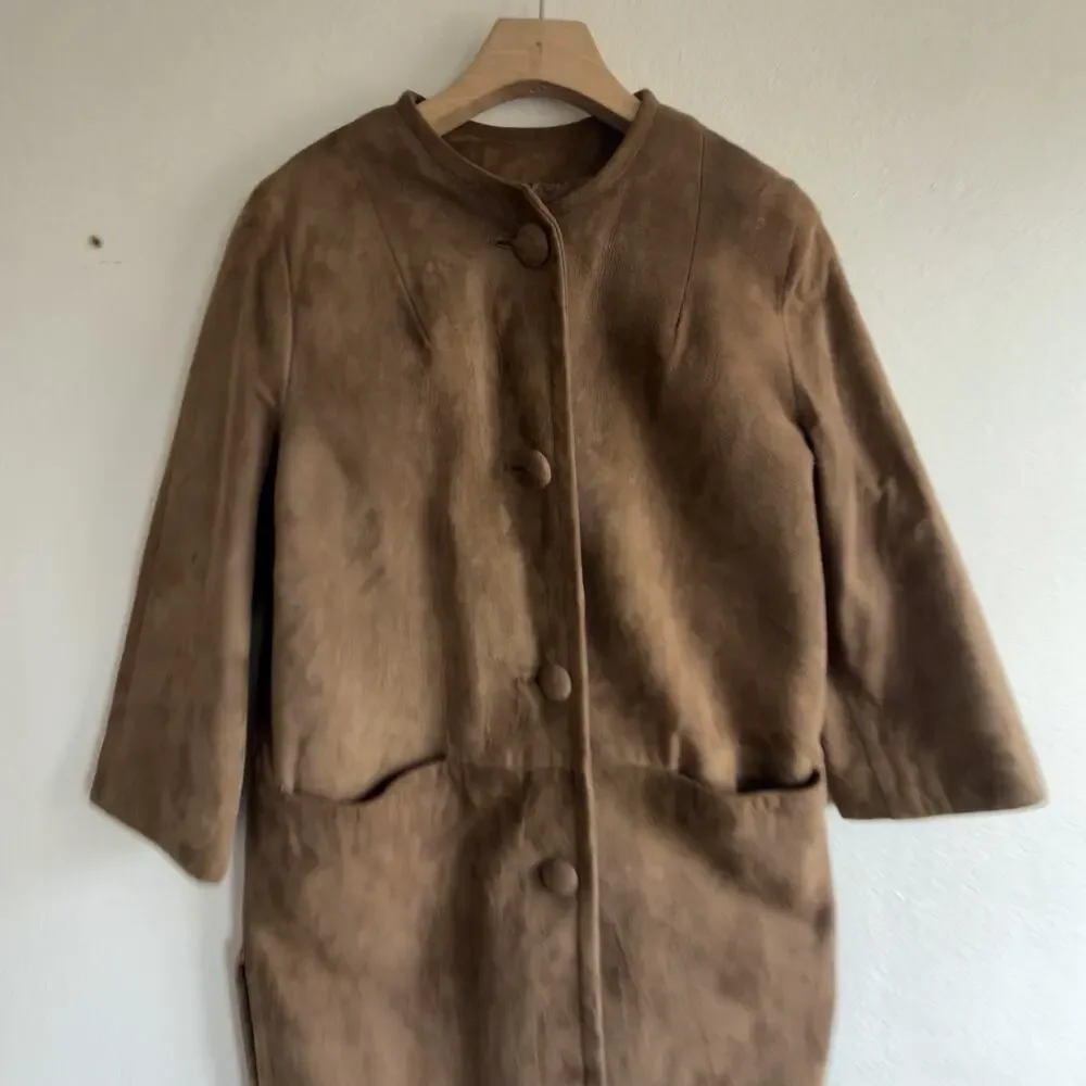 Vintage 1960s Camel Suede Collarless Swing Coat Covered Buttons Mid Century Sz 8 - Picture 4 of 12